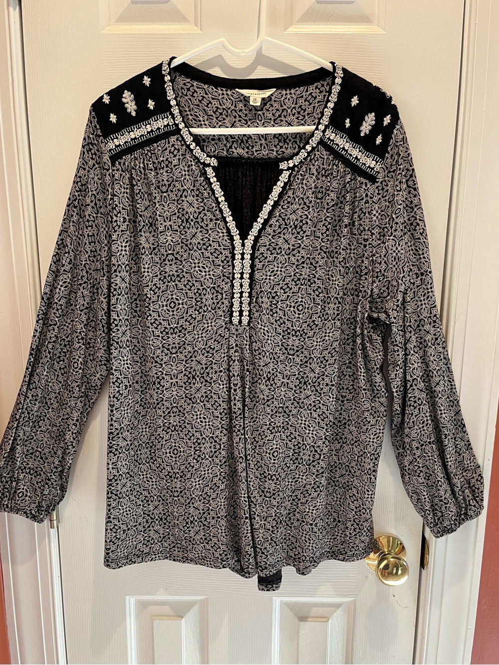 Lucky Brand Black White Mixed Media Embroidered Boho Blouse Size 2x